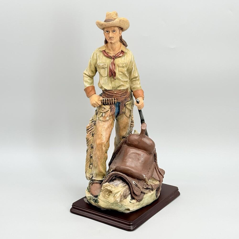 Resin Painted 12.5" Western Cowboy Statue Figure Horse Saddle Rifle Hand Painted